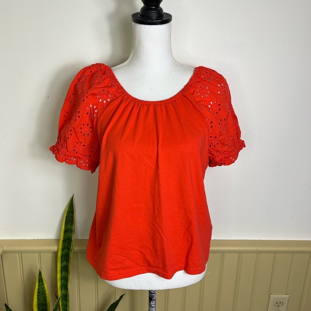 J. Crew Orange Puff Sleeve Blouse Relaxed Ruffled